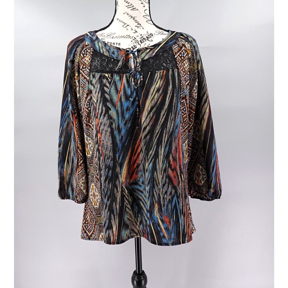 Figueroa & Flower Boho Peasant‎ Blouse S Brown Tribal Aztec Lace Prairie Chic